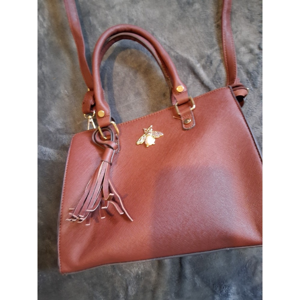 Brown Structured Satchel Bee Accent Tassel Gold Hardware Top Handle Shoulder Bag - Picture 7 of 16